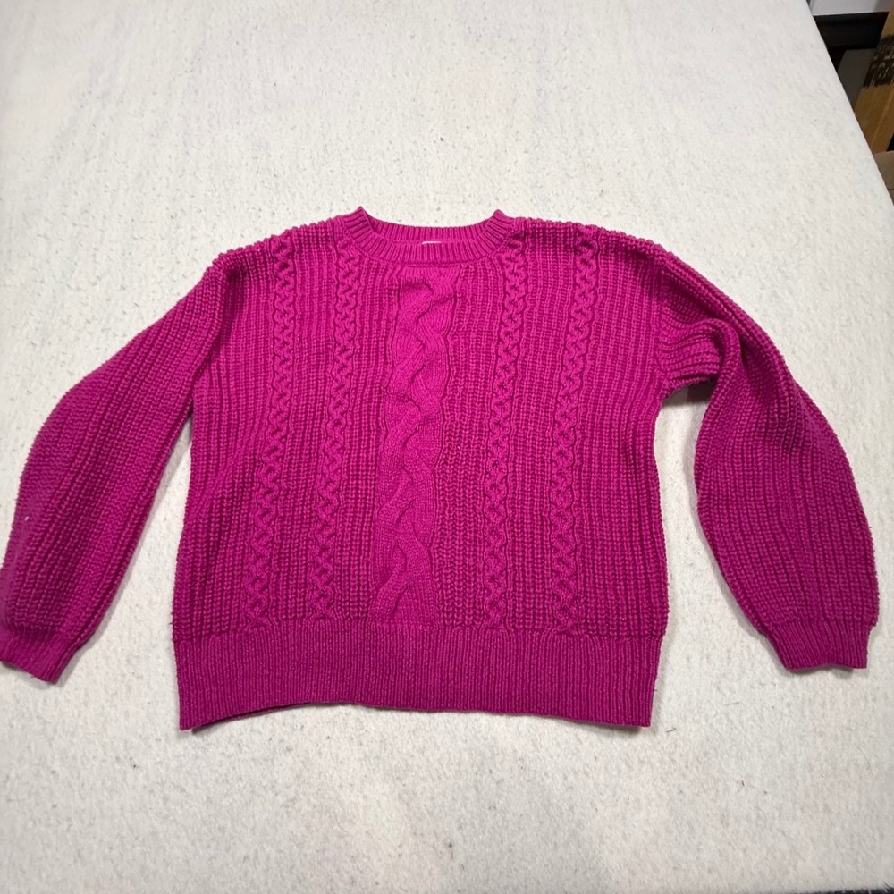 Cat & Jack Girls Magenta Pink Cable Knit Sweater Size L 10/12 Crewneck Pullover